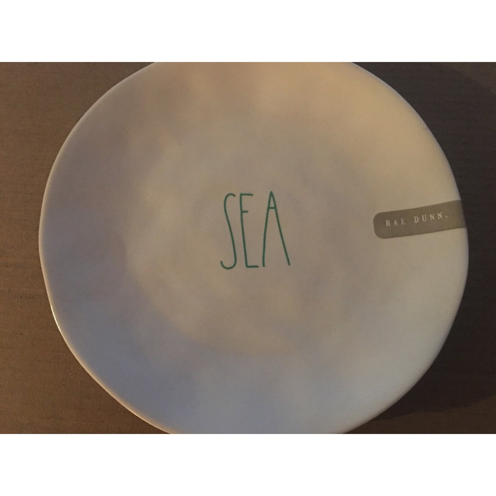 New Rae Dunn 10" Melamine Beach Sea Plates blue writing rare vintage old stock